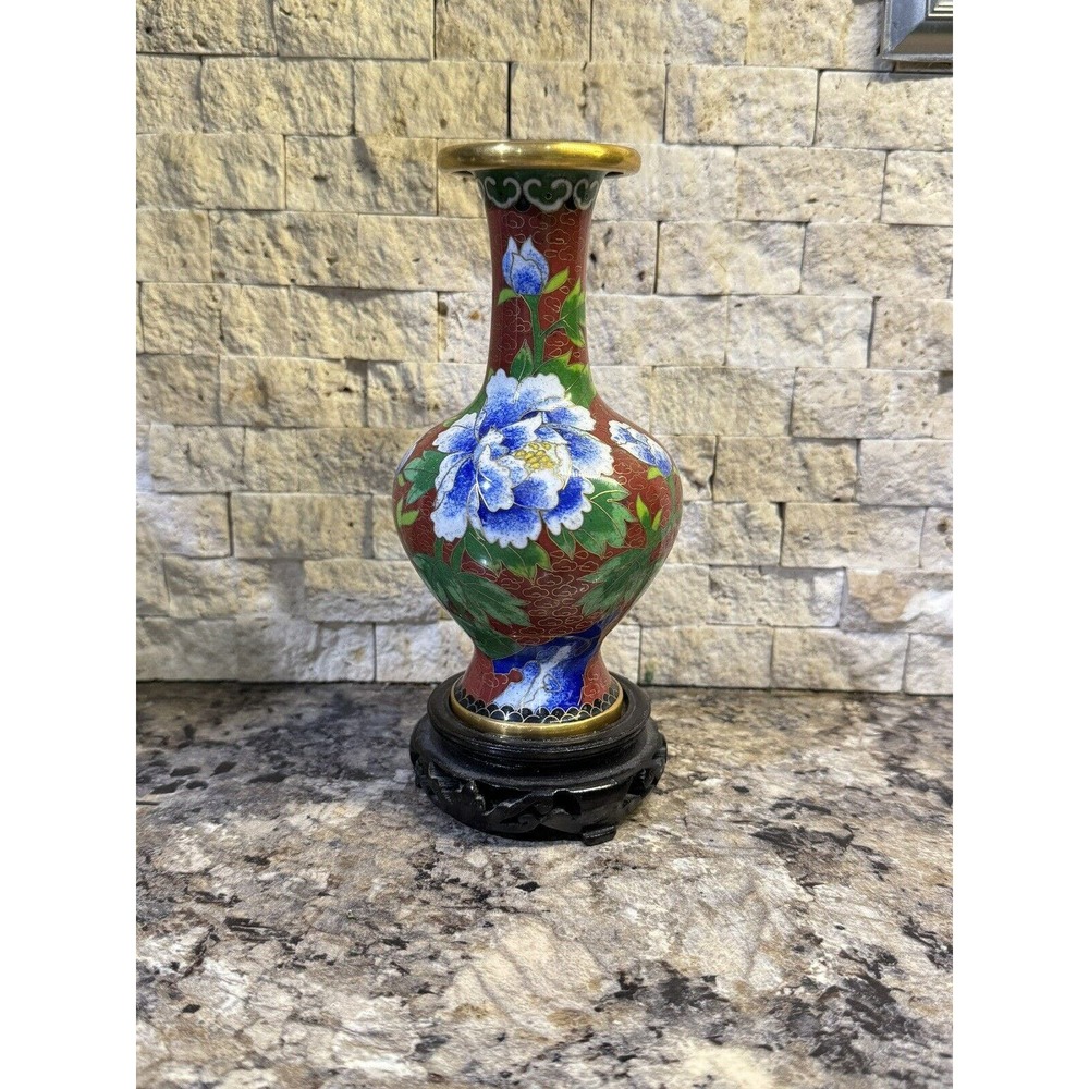 Vintage Chinese Cloisonne 7 1/8” Tall Vase Red Flowers Bird Gold Trim‎ W/ Stand